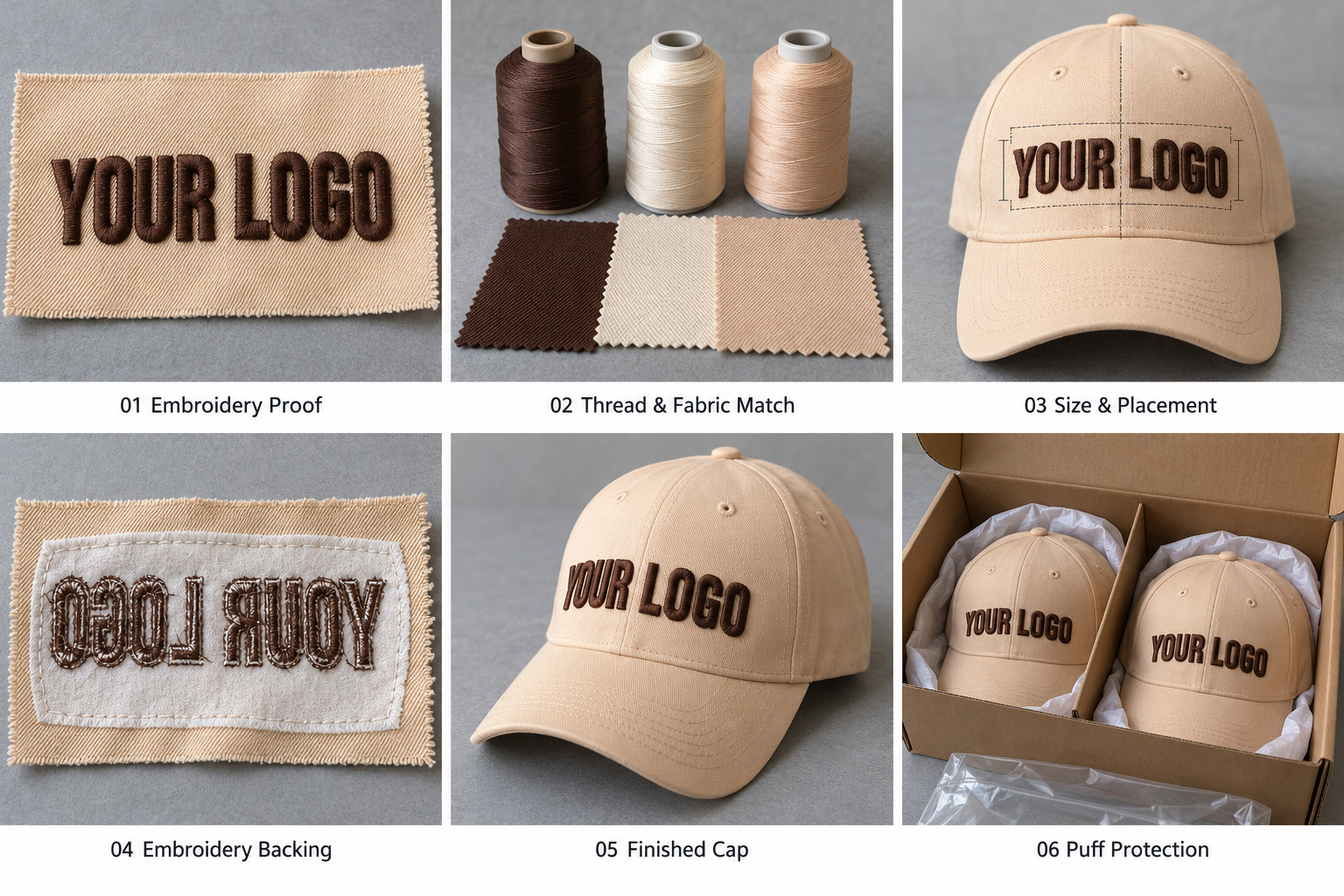 Apricot baseball cap embroidery checks and puff embroidery protection.