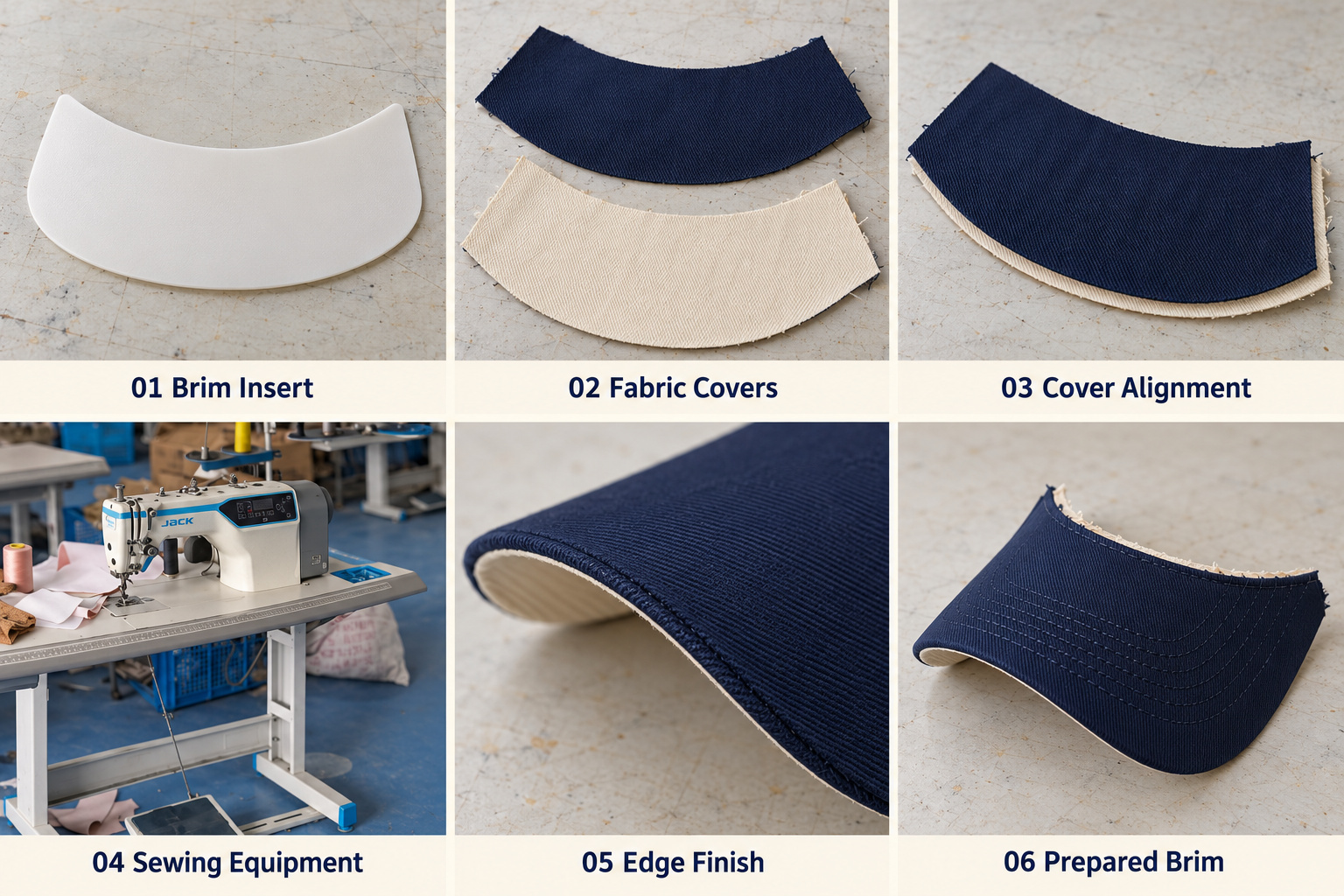 Baseball cap brim inserts, covers and stitching.