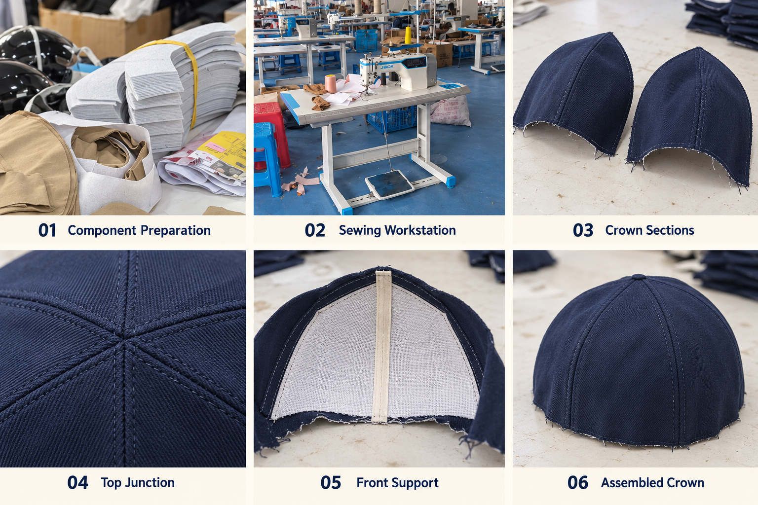 Baseball cap crown sections, seams and front support.