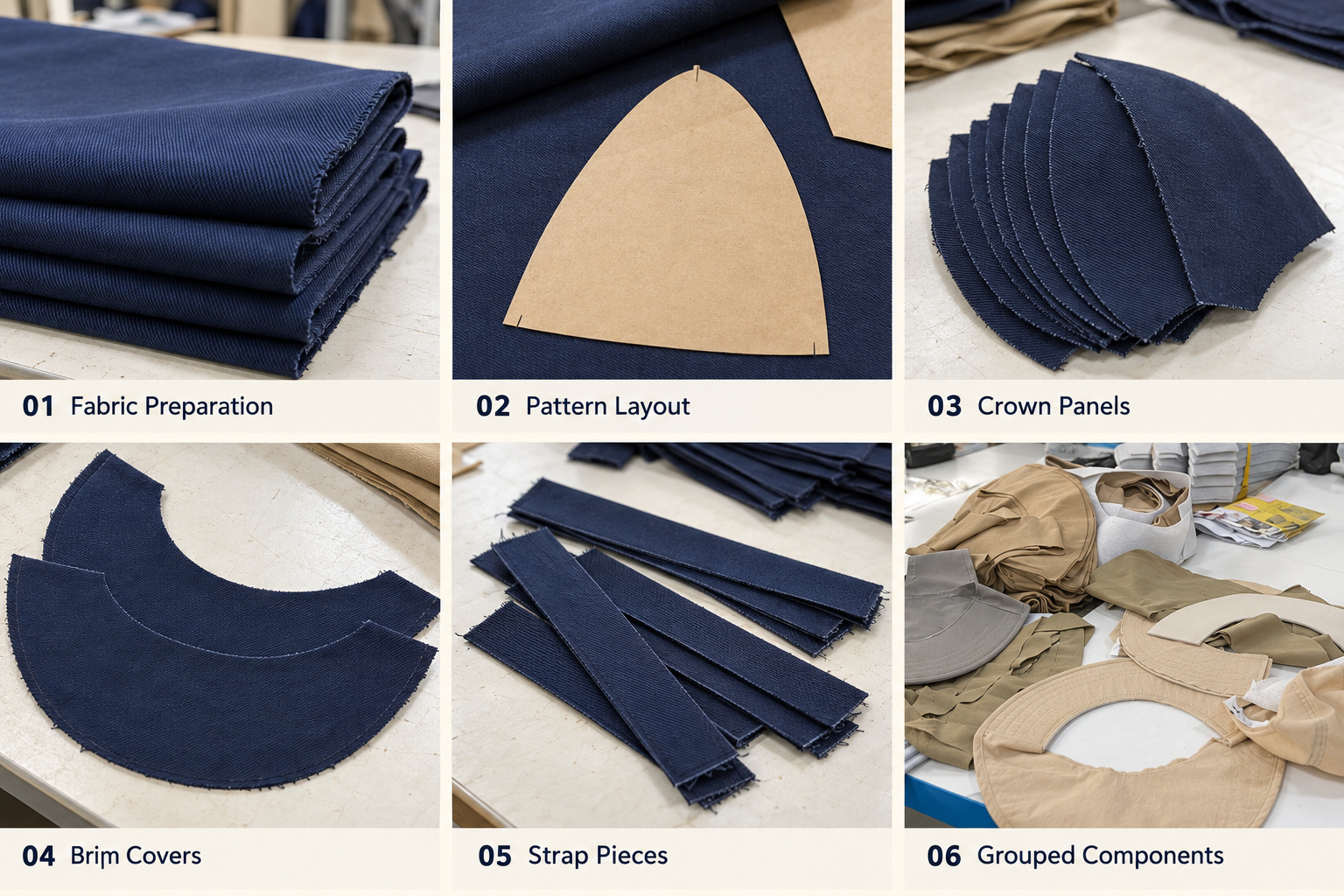 Baseball cap fabric patterns and cut panels.