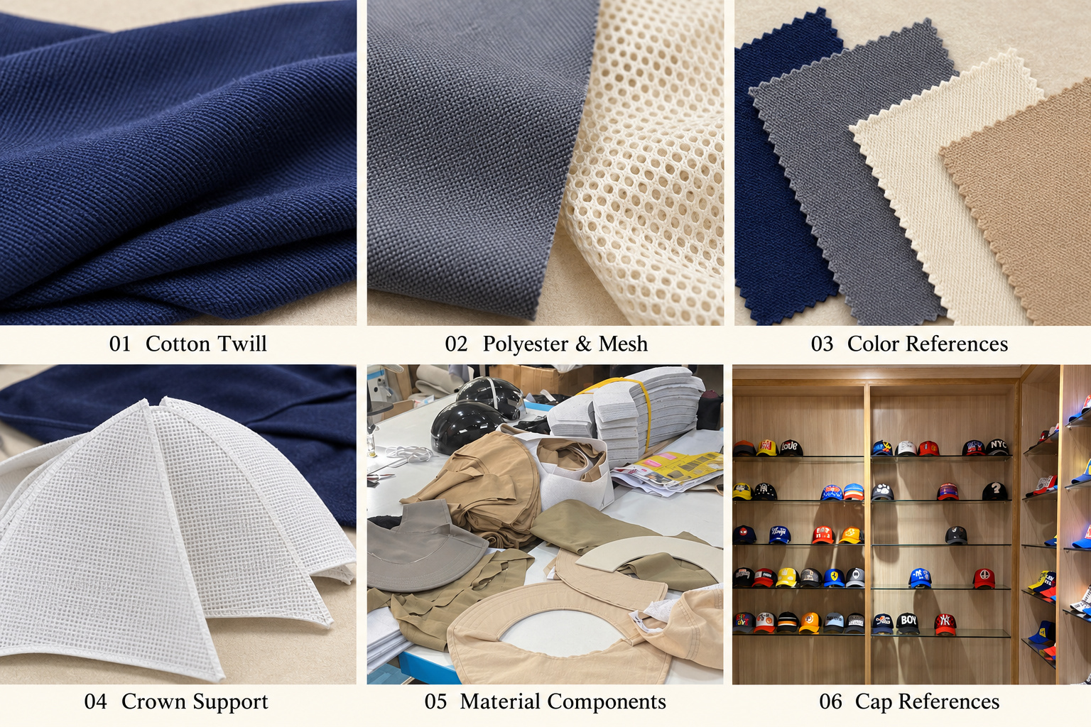 Baseball cap fabrics, color swatches and crown support materials.