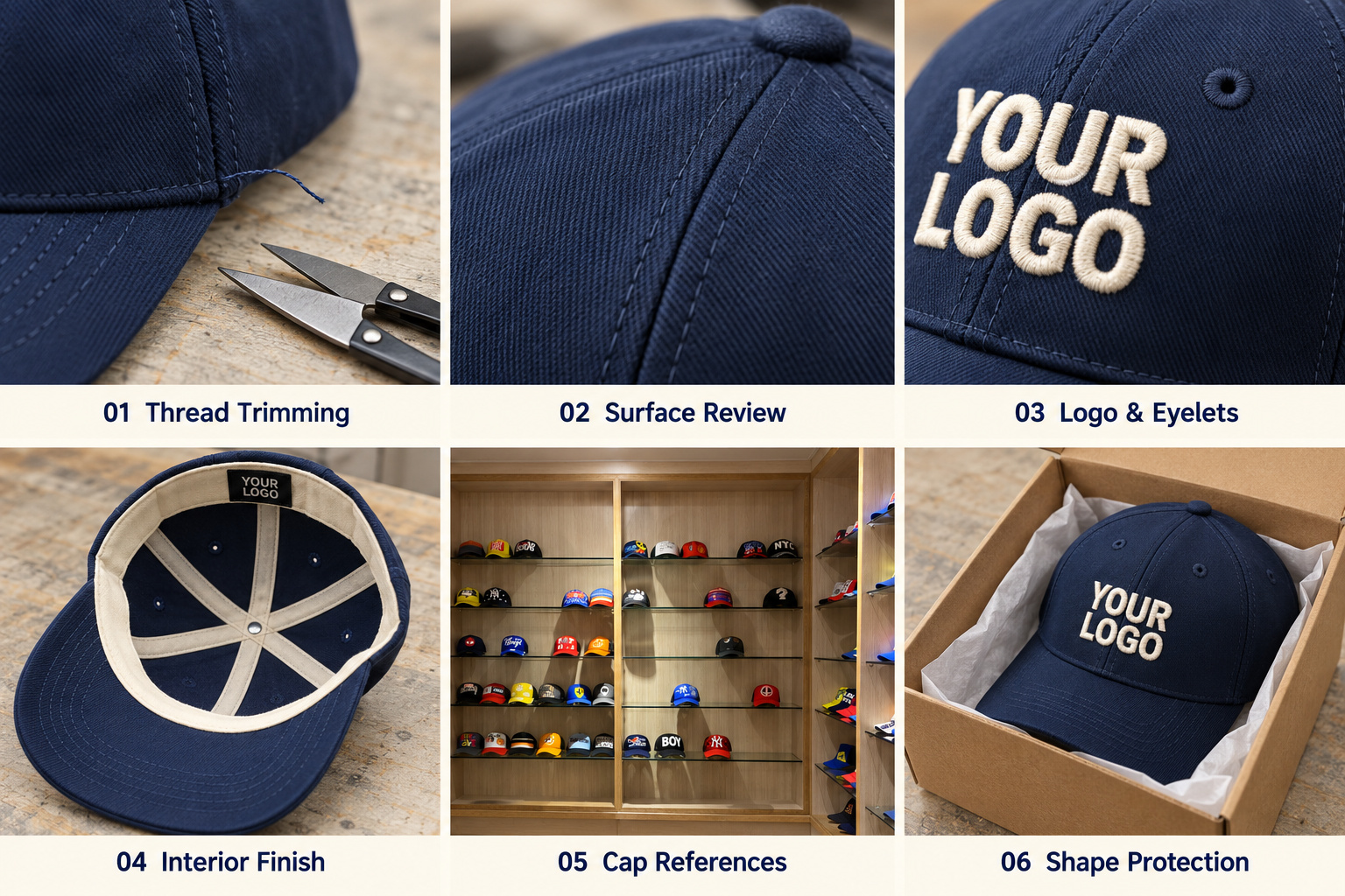 Baseball cap finishing checks and protective packing.