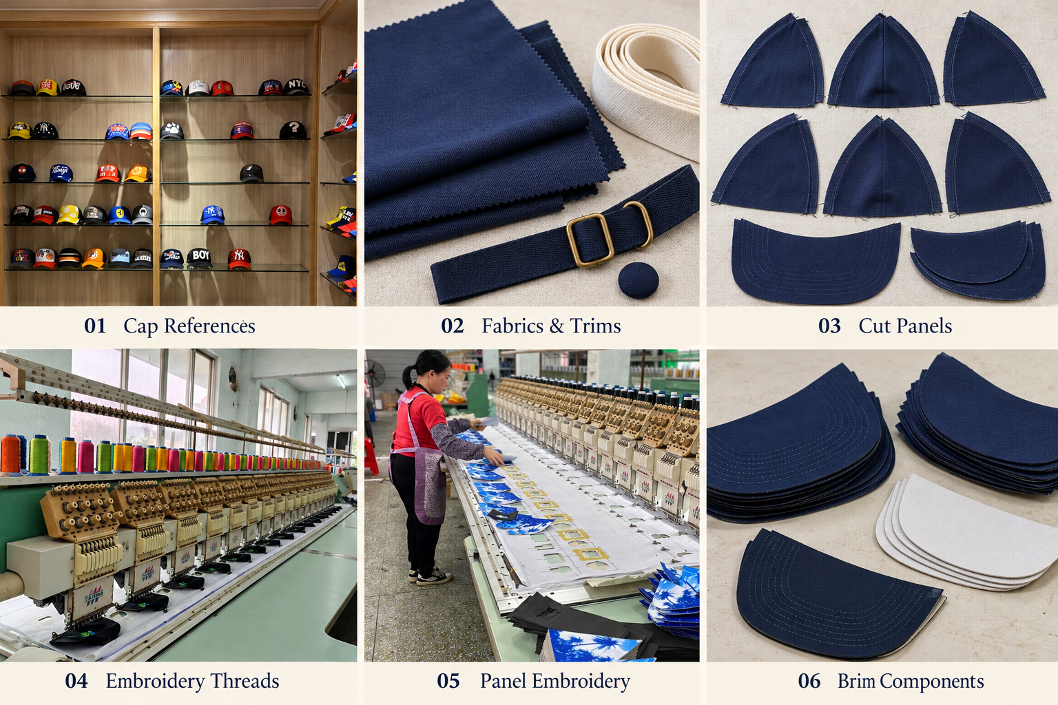 Baseball cap materials, panels and embroidery processing.