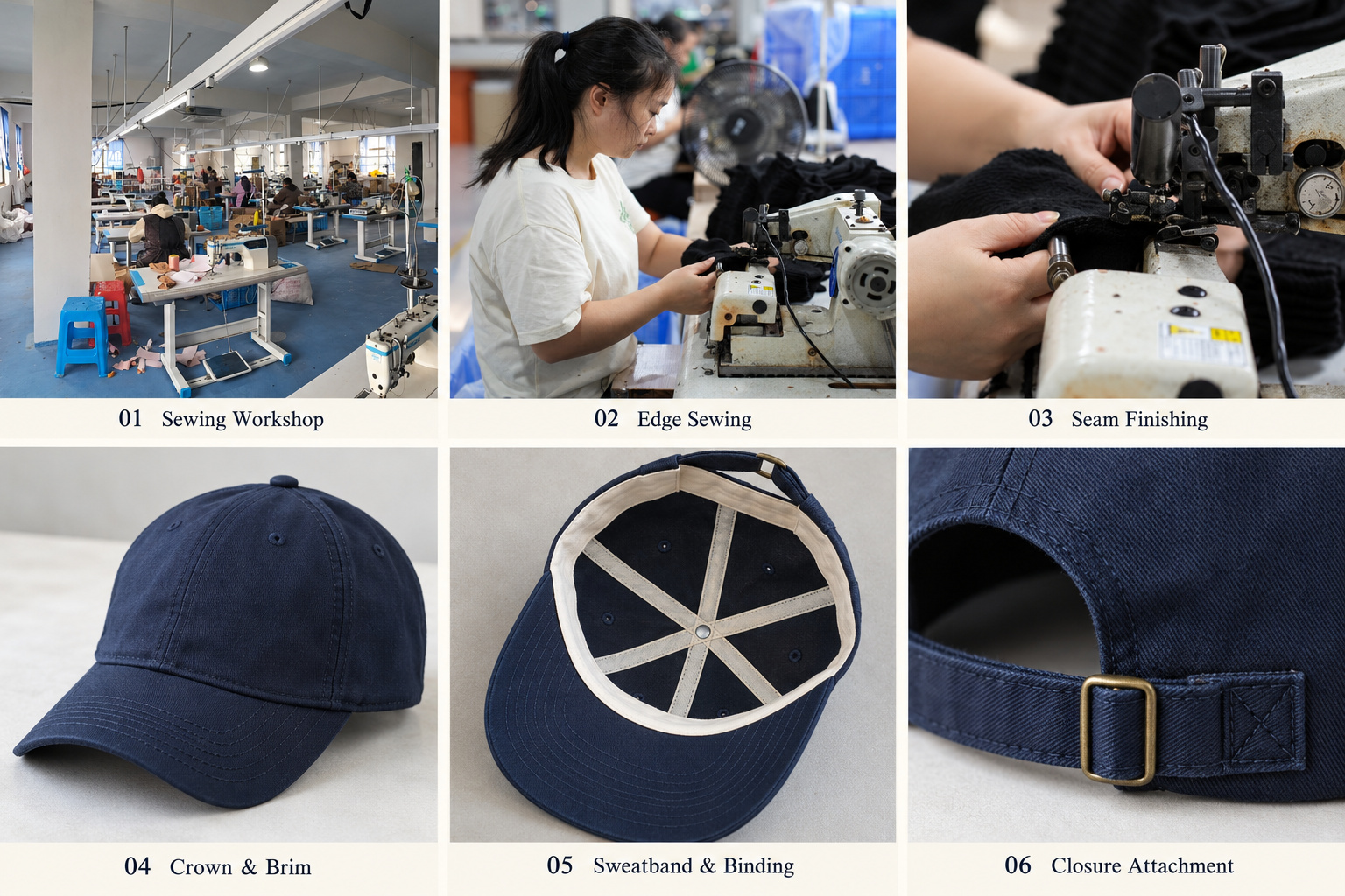 Baseball cap sewing and component assembly details.