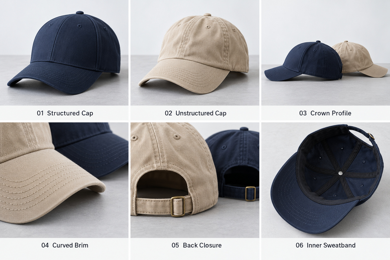 Baseball cap styles and construction details