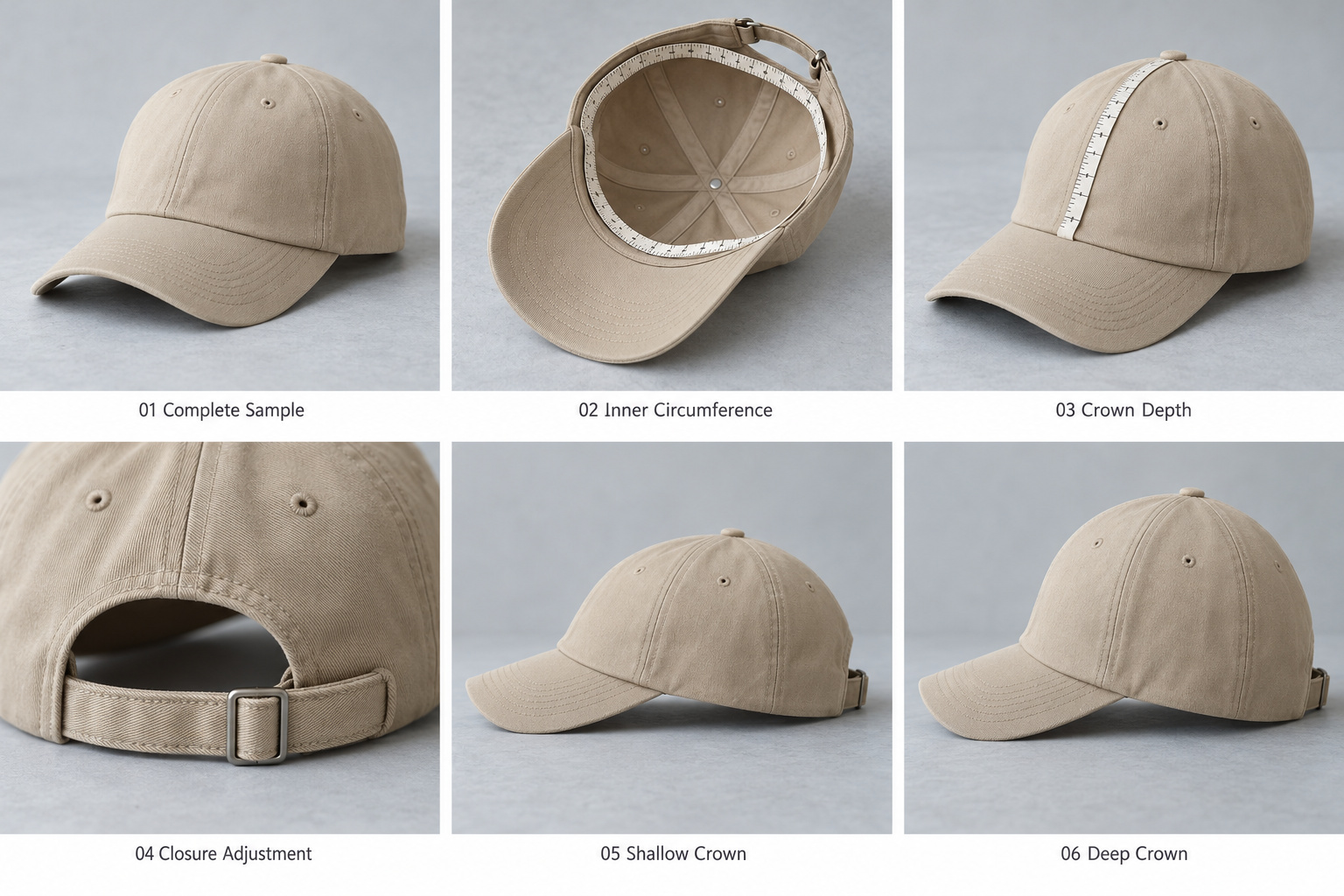 Beige baseball cap sizing and crown depth comparison