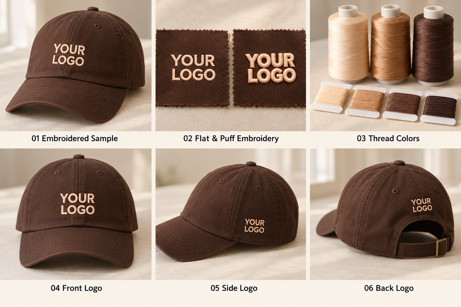 Brown cap embroidery samples and logo placement options