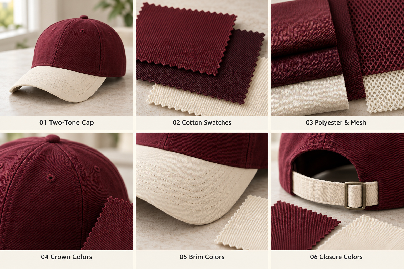 Burgundy and cream cap with fabric color samples