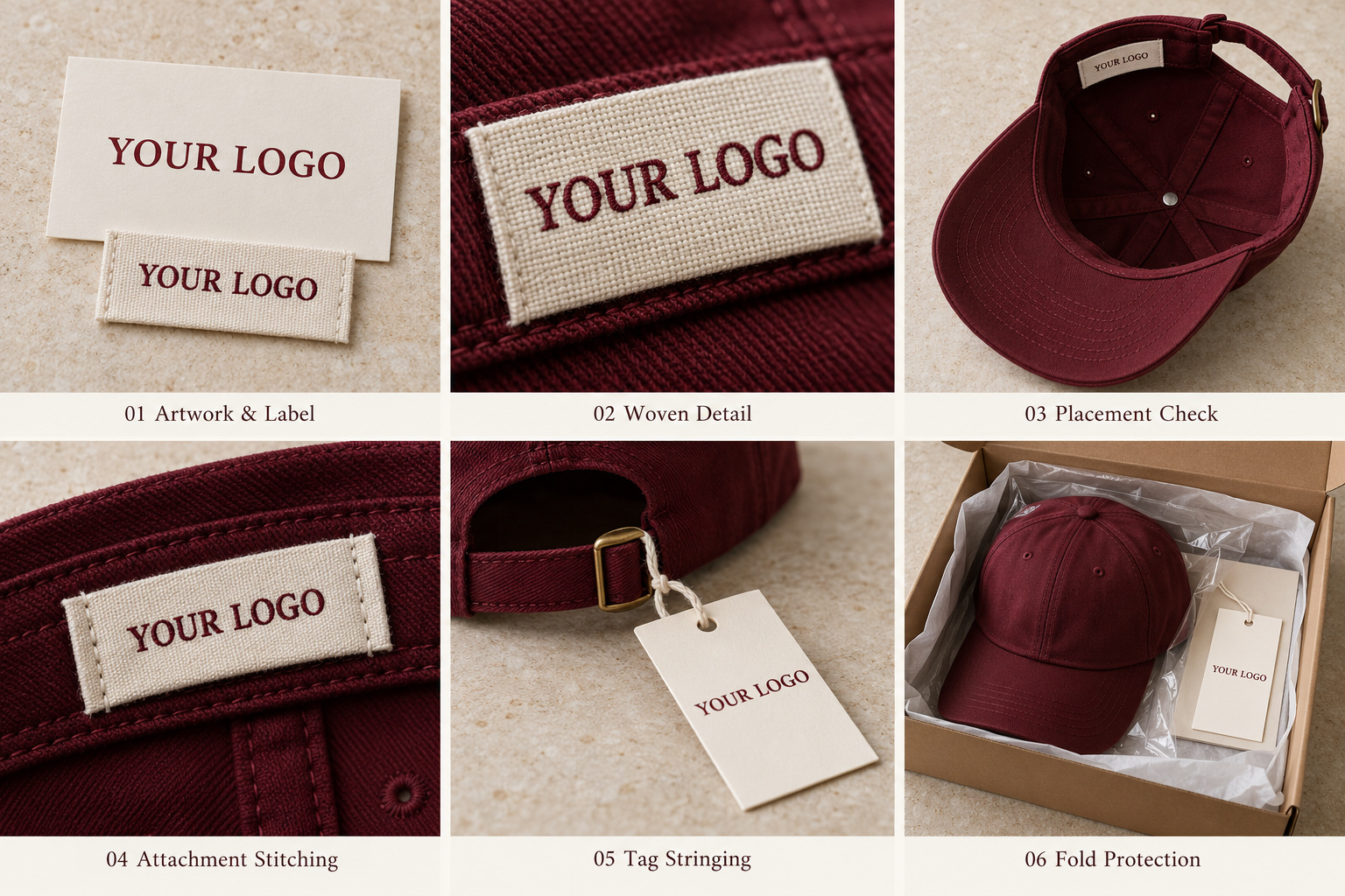 Burgundy cap label approval and hang tag packing.