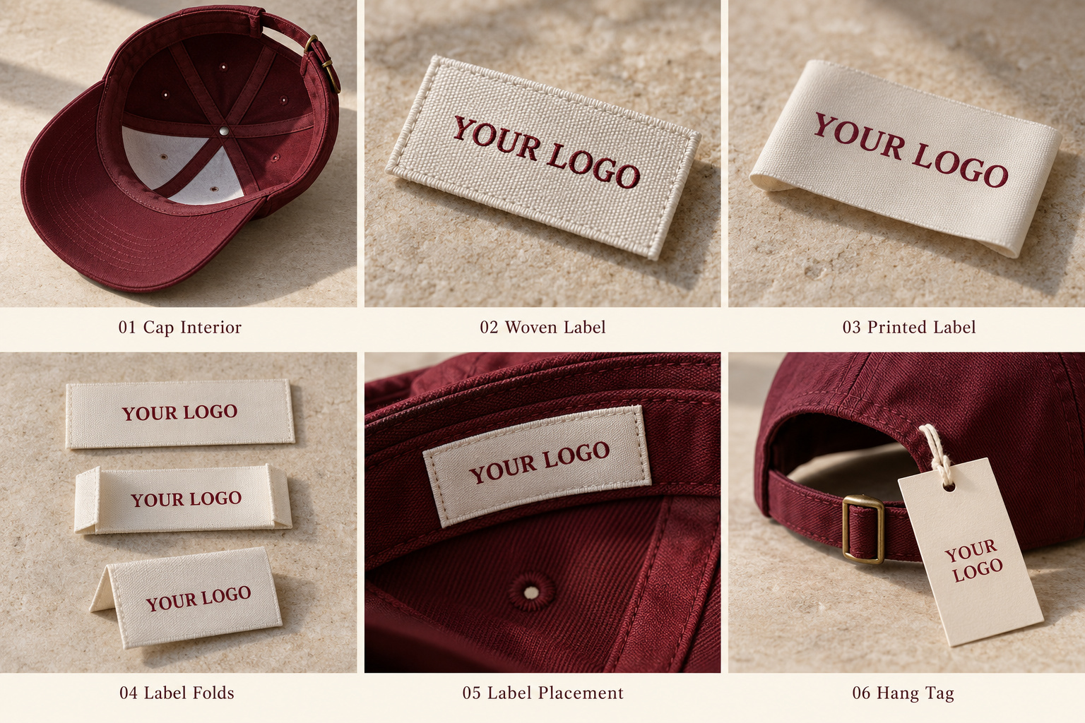 Burgundy cap labels, folds and hang tag details.