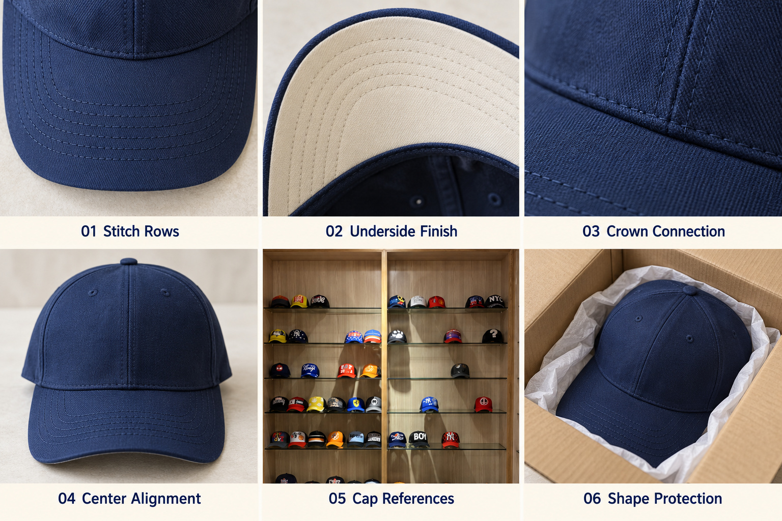 Cap brim stitching, alignment and protective packing.