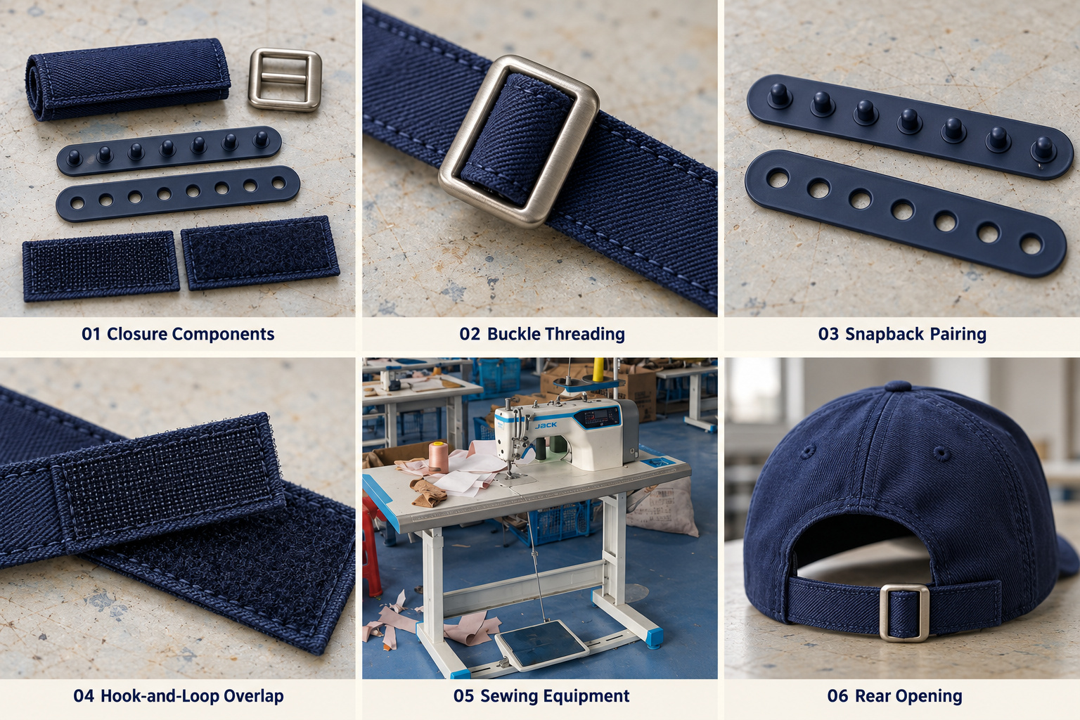 Cap closures, strap threading and attachment details.