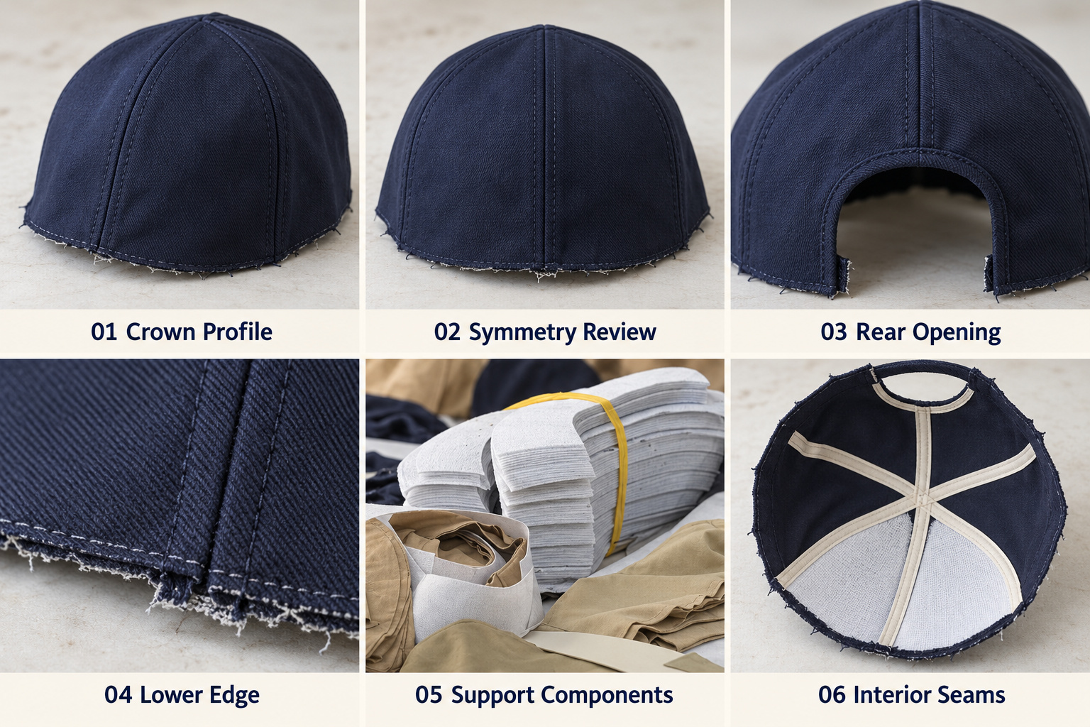 Cap crown profile, rear opening and interior seams.