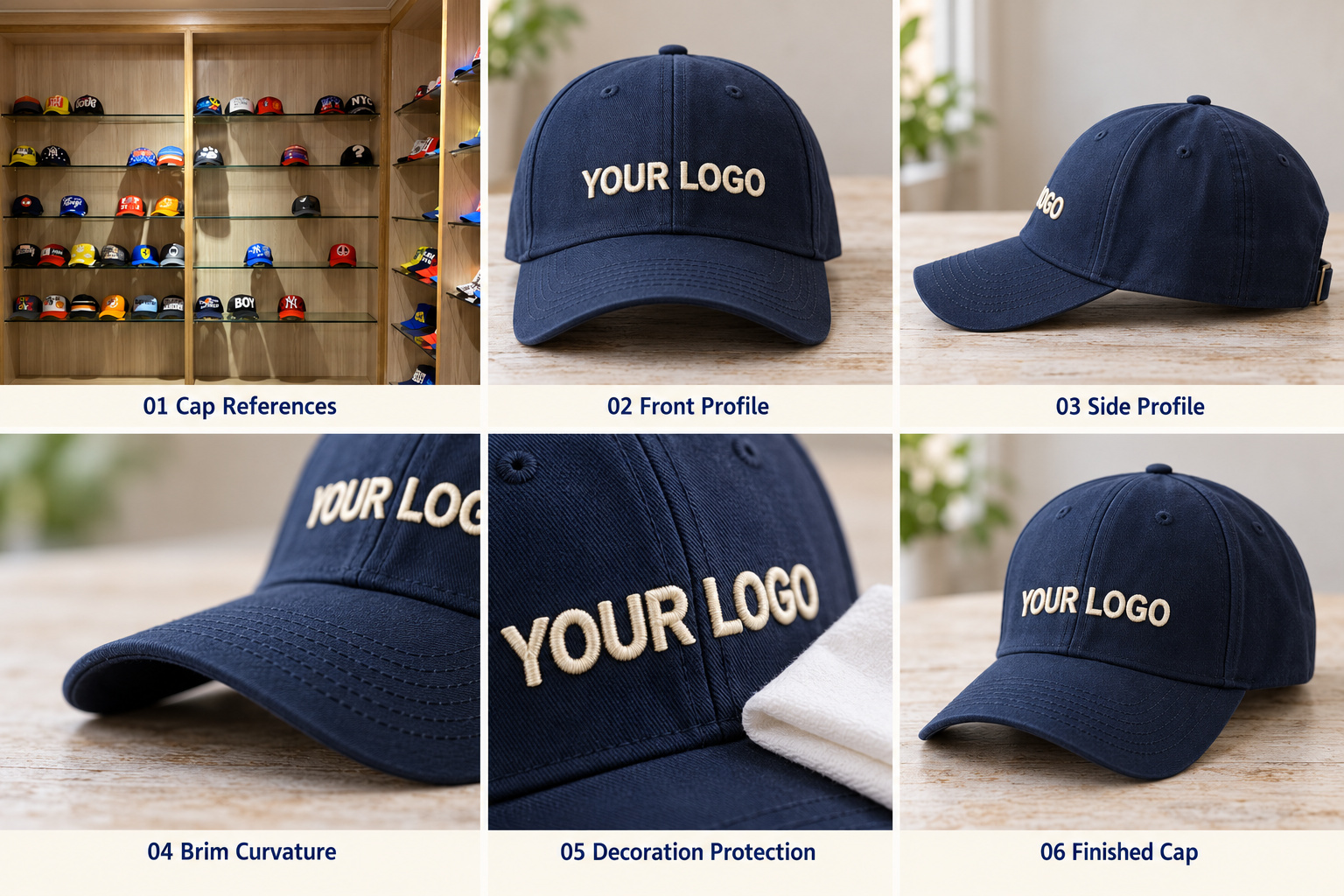 Cap crown profiles, brim curvature and finishing details.