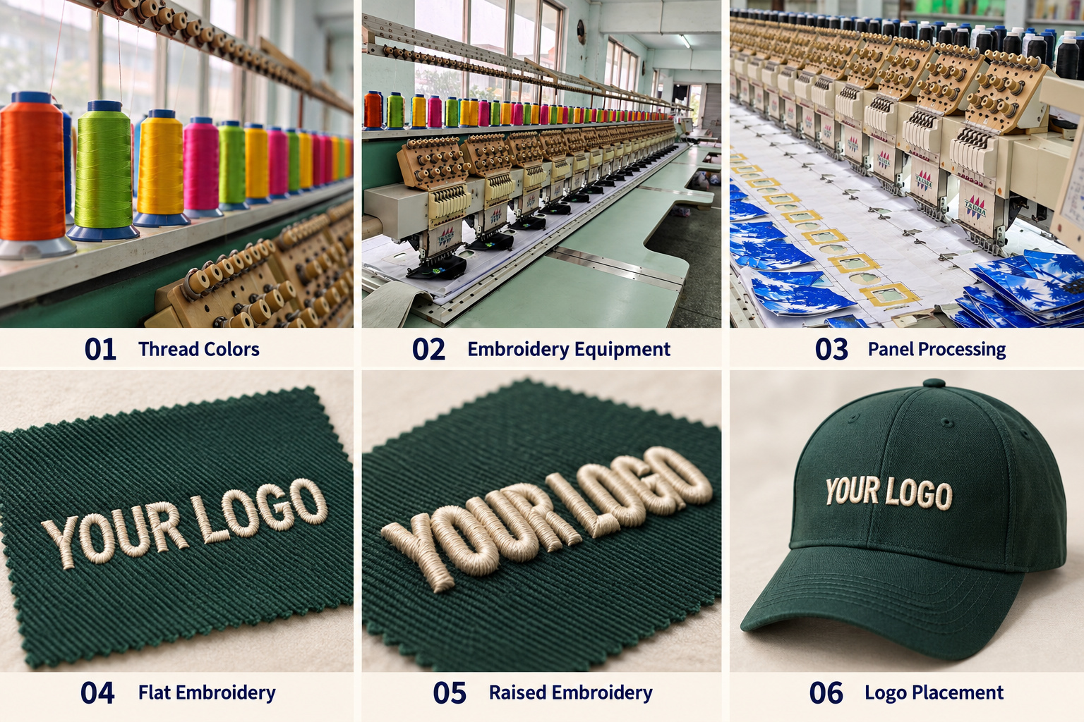 Cap embroidery equipment, samples and logo placement.