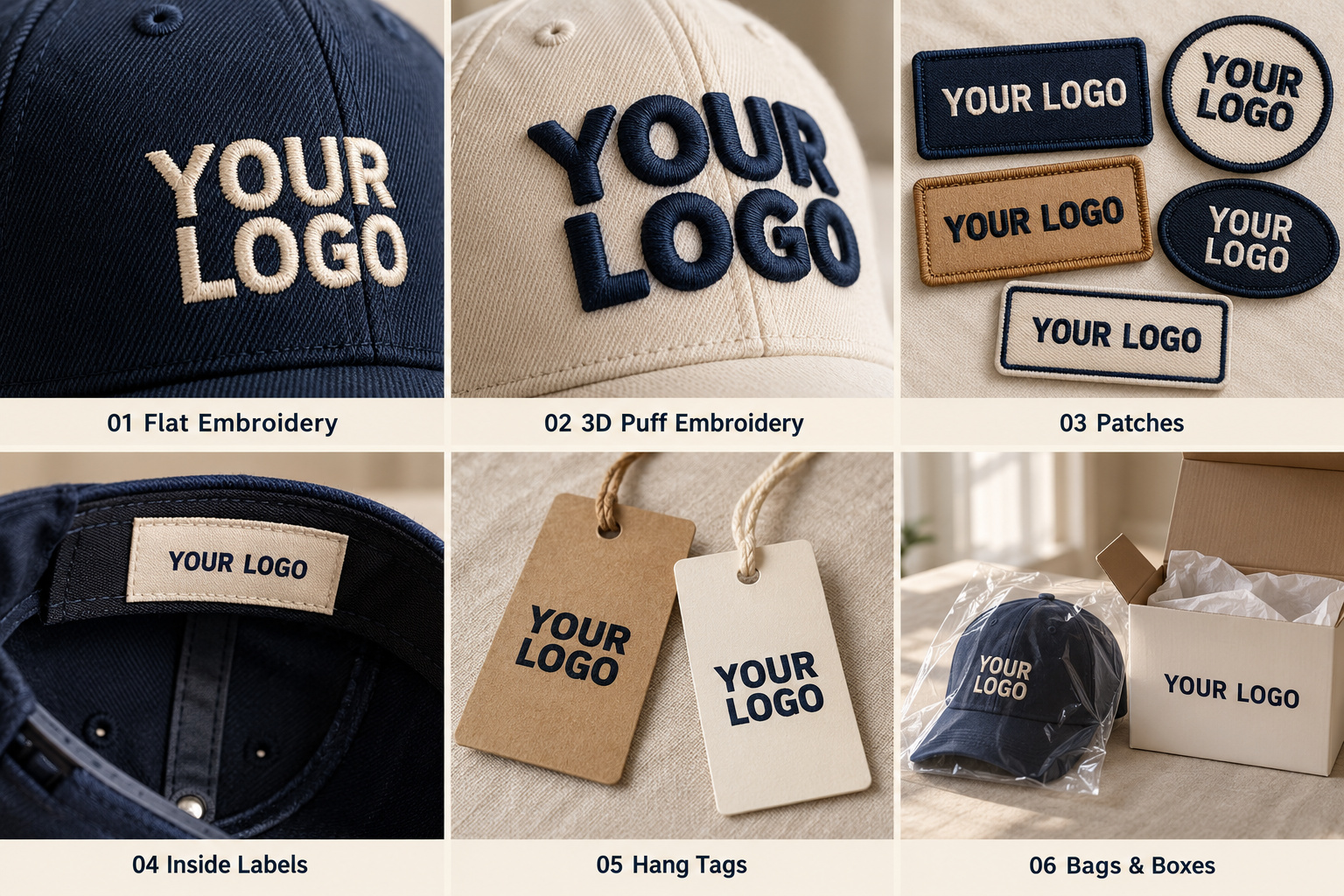 Cap embroidery, labels, tags and protective packaging