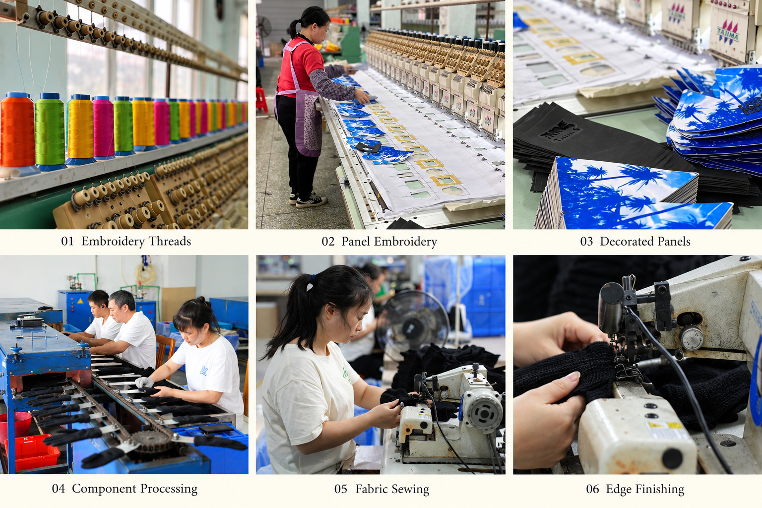 Cap embroidery, panel processing and sewing details.