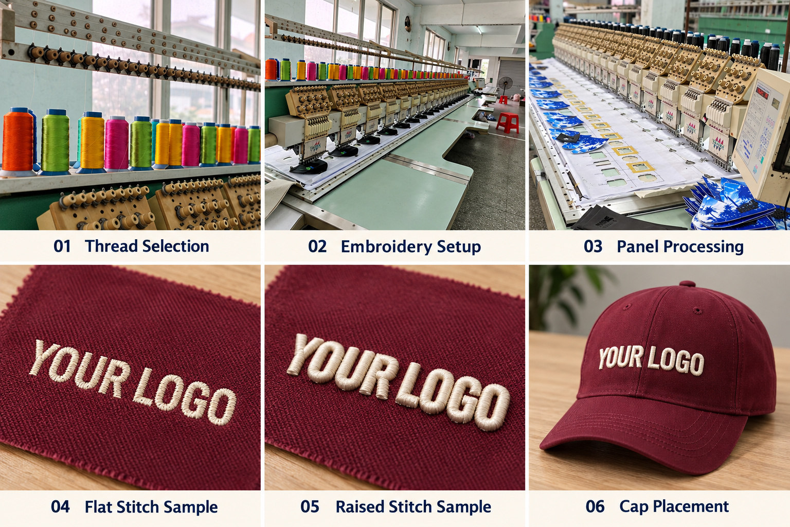 Cap embroidery threads, stitch samples and logo placement.