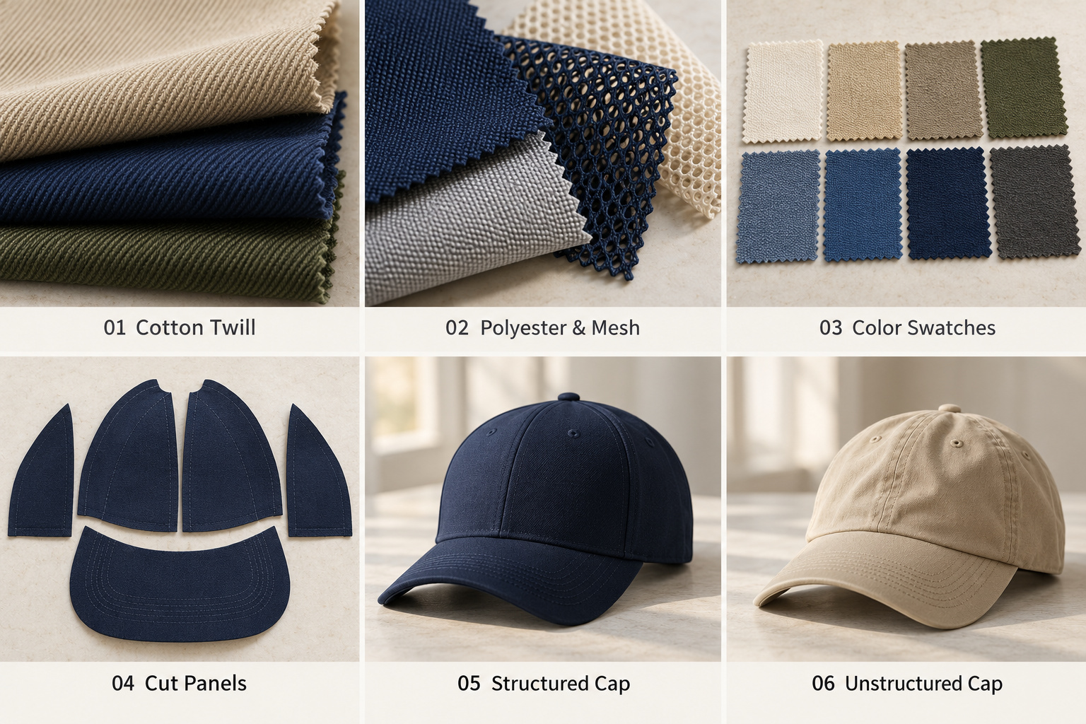 Cap fabrics, color swatches and crown structures
