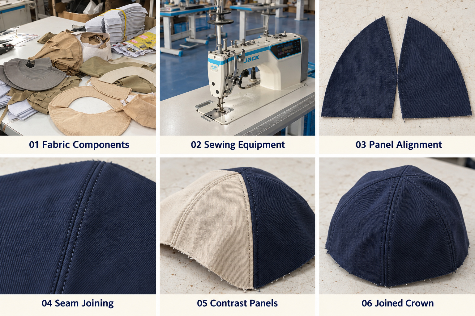 Cap panel alignment, stitching and joined crown.