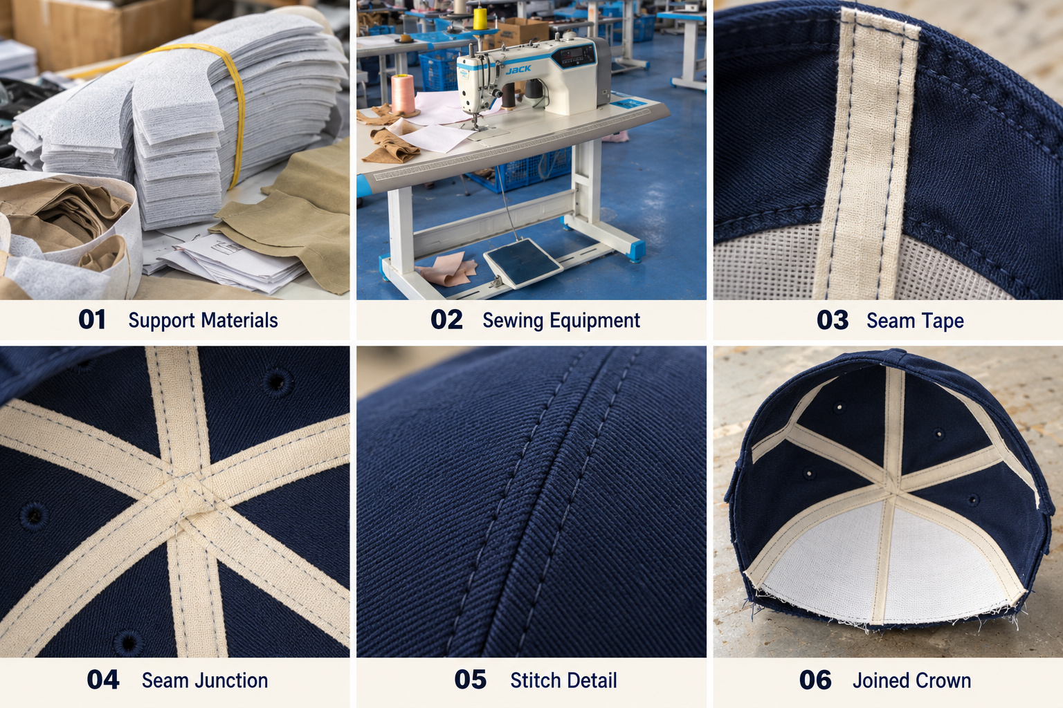 Cap panel seams, binding tape and crown support.