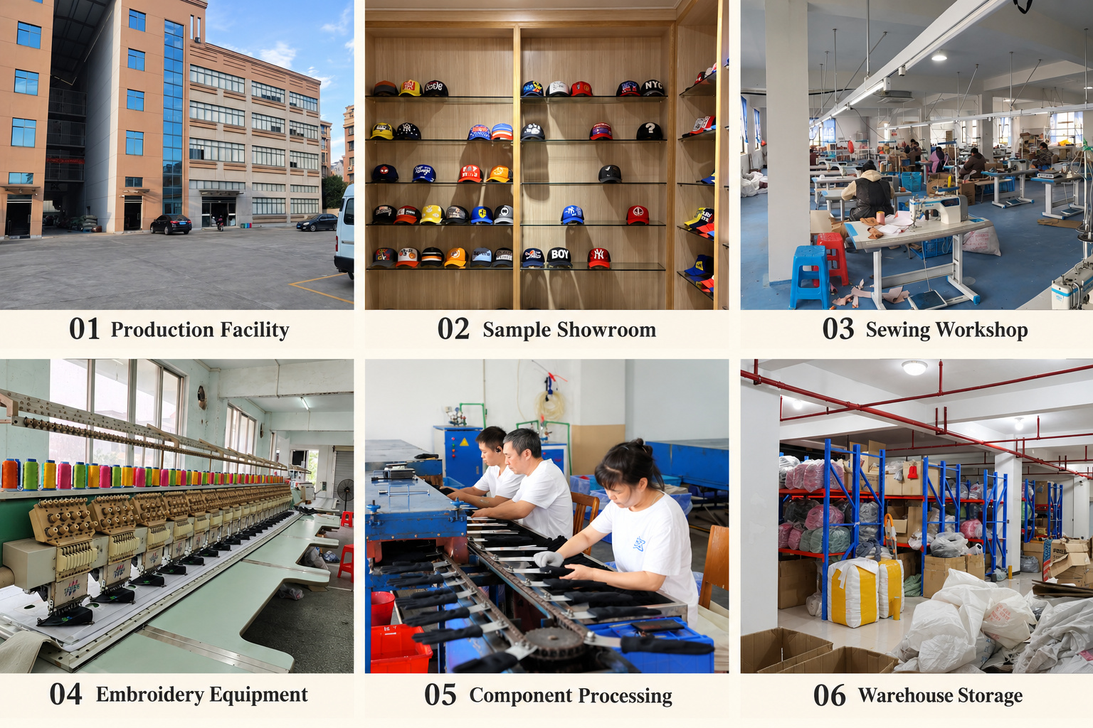 Cap production facility, showroom and workshop overview.