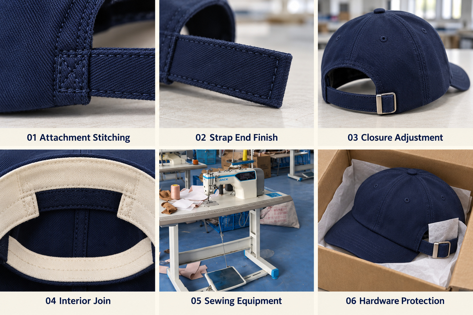 Cap strap stitching, adjustment and hardware protection.