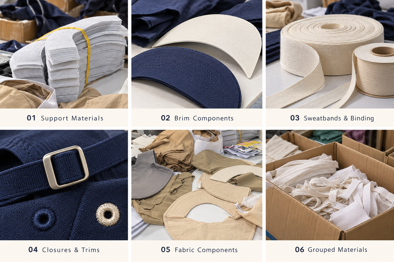 Cap support materials, brim inserts and trims.