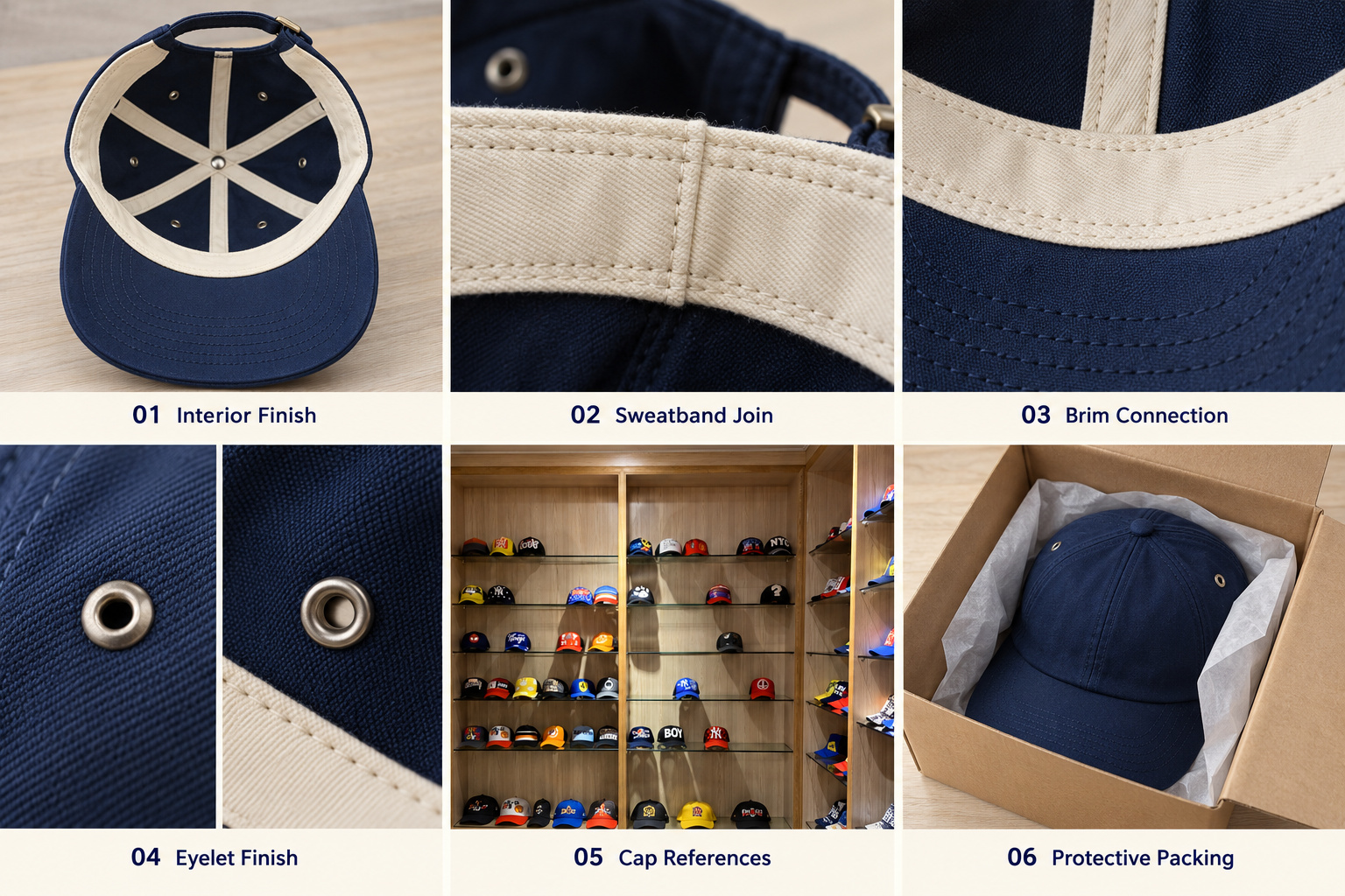 Cap sweatband joins, eyelet finish and protective packing.