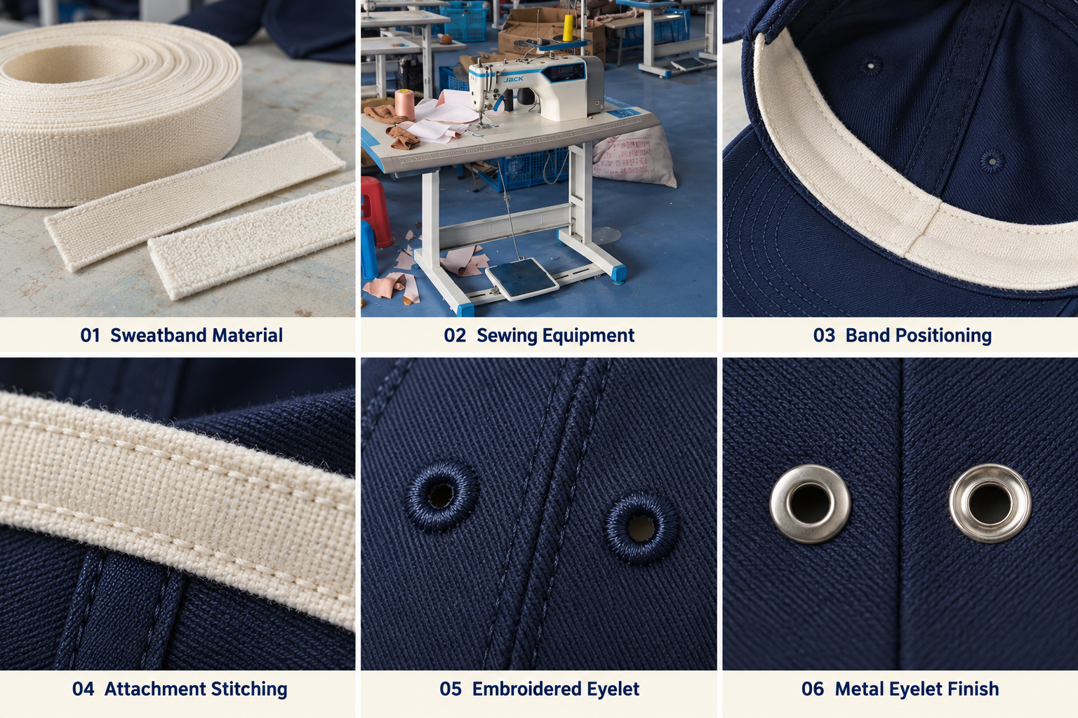 Cap sweatband stitching and eyelet assembly details.