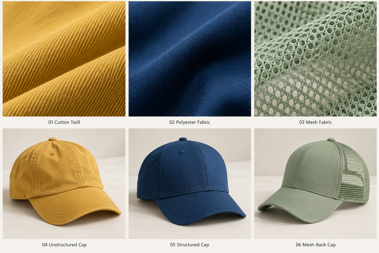 Cotton, polyester and mesh with matching cap styles