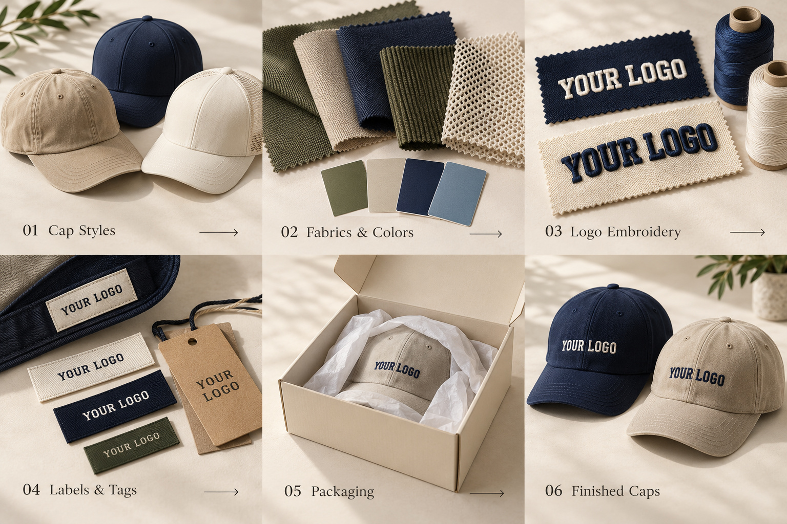 Custom cap materials, branding and packaging samples