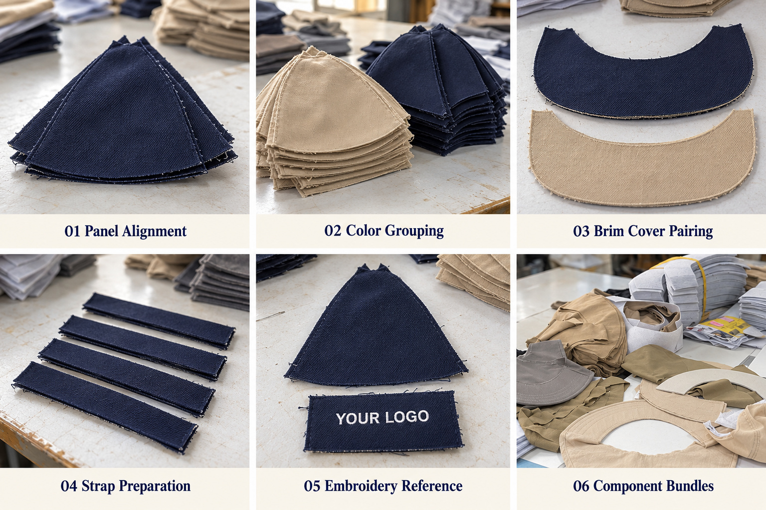 Cut cap panels, brim covers and fabric bundles.