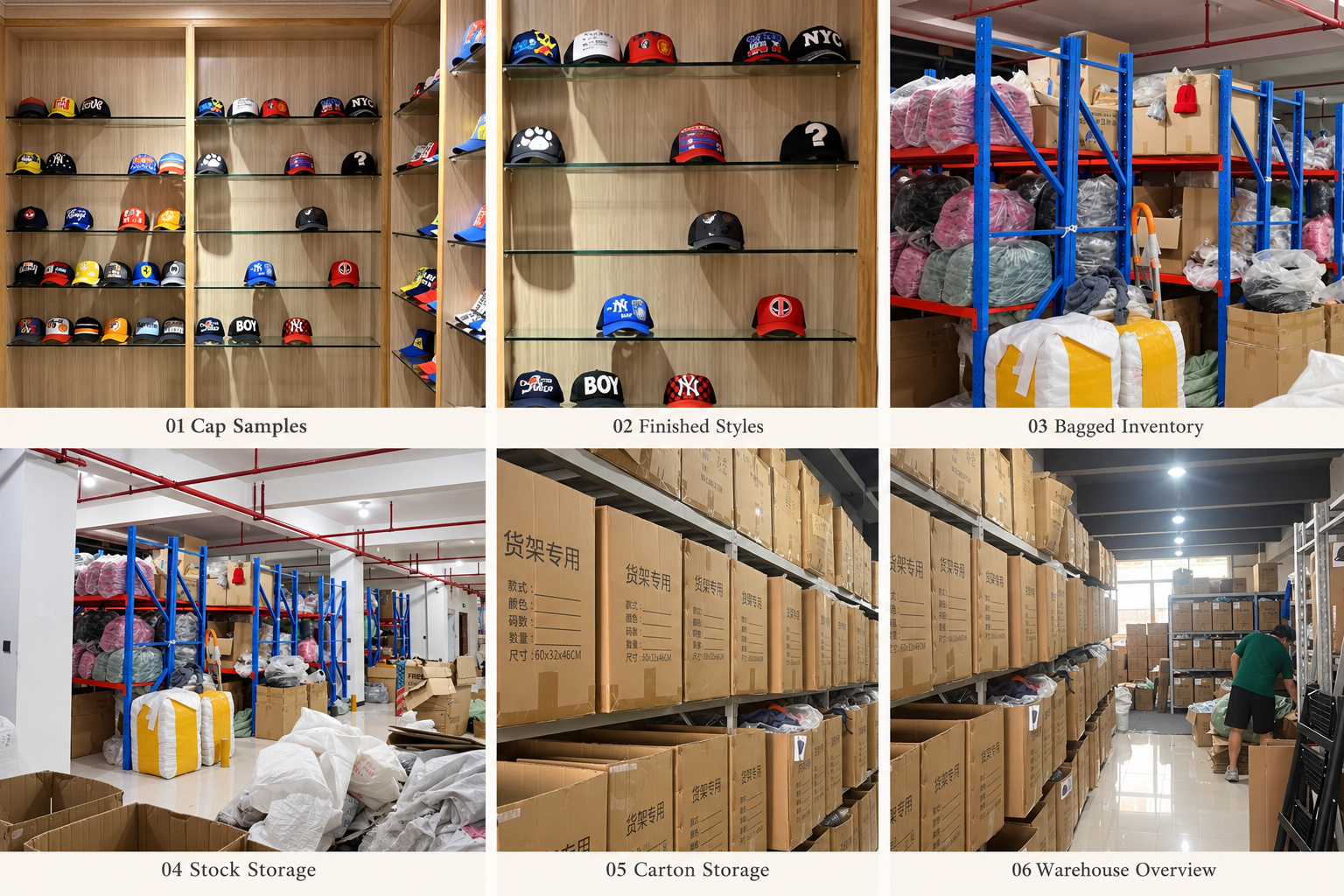 Finished cap samples and headwear warehouse storage.