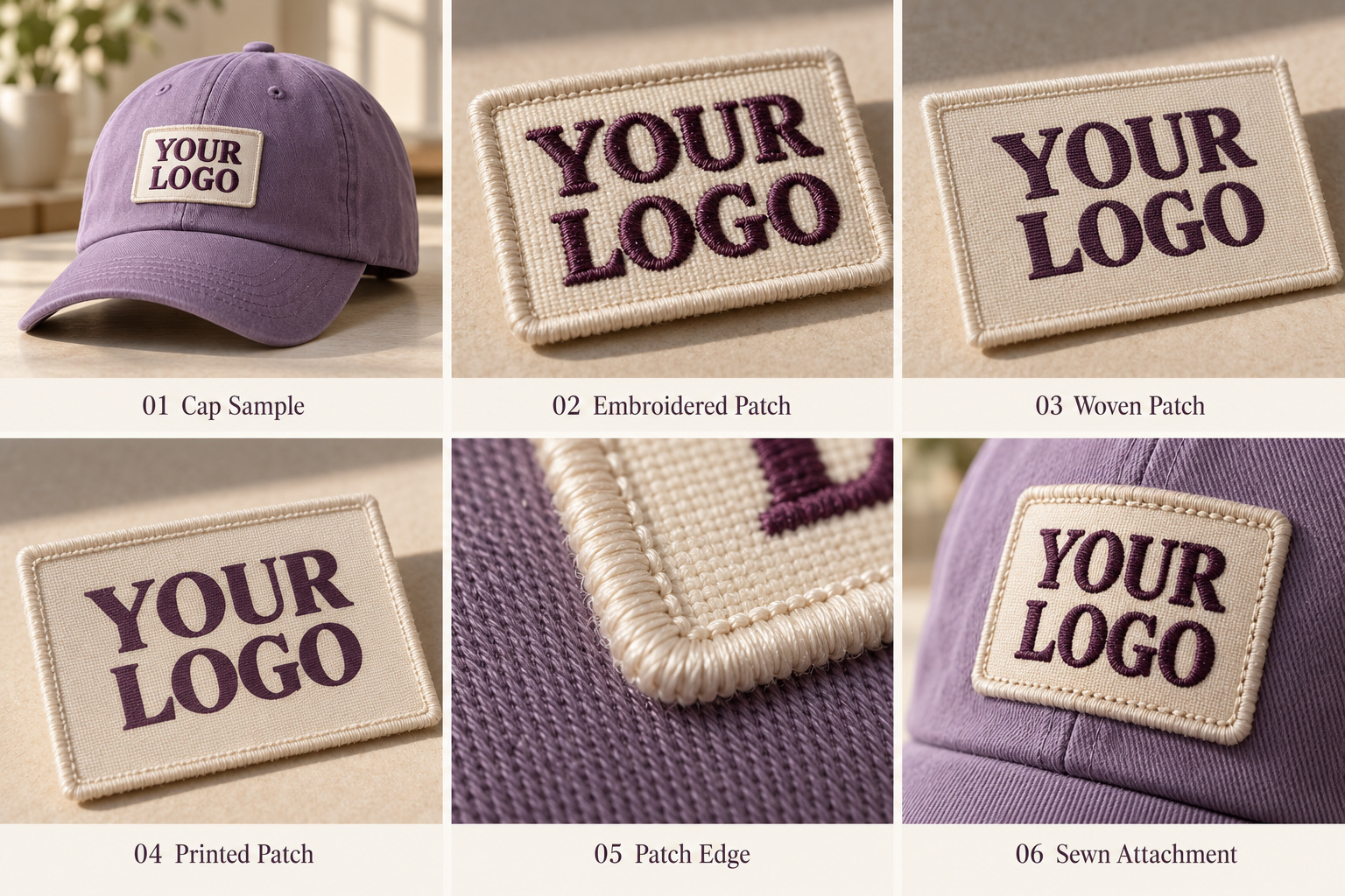 Lavender baseball cap with patch options and stitching.
