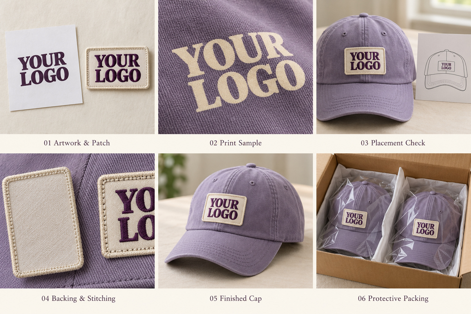 Lavender cap patch approval and protective packing.