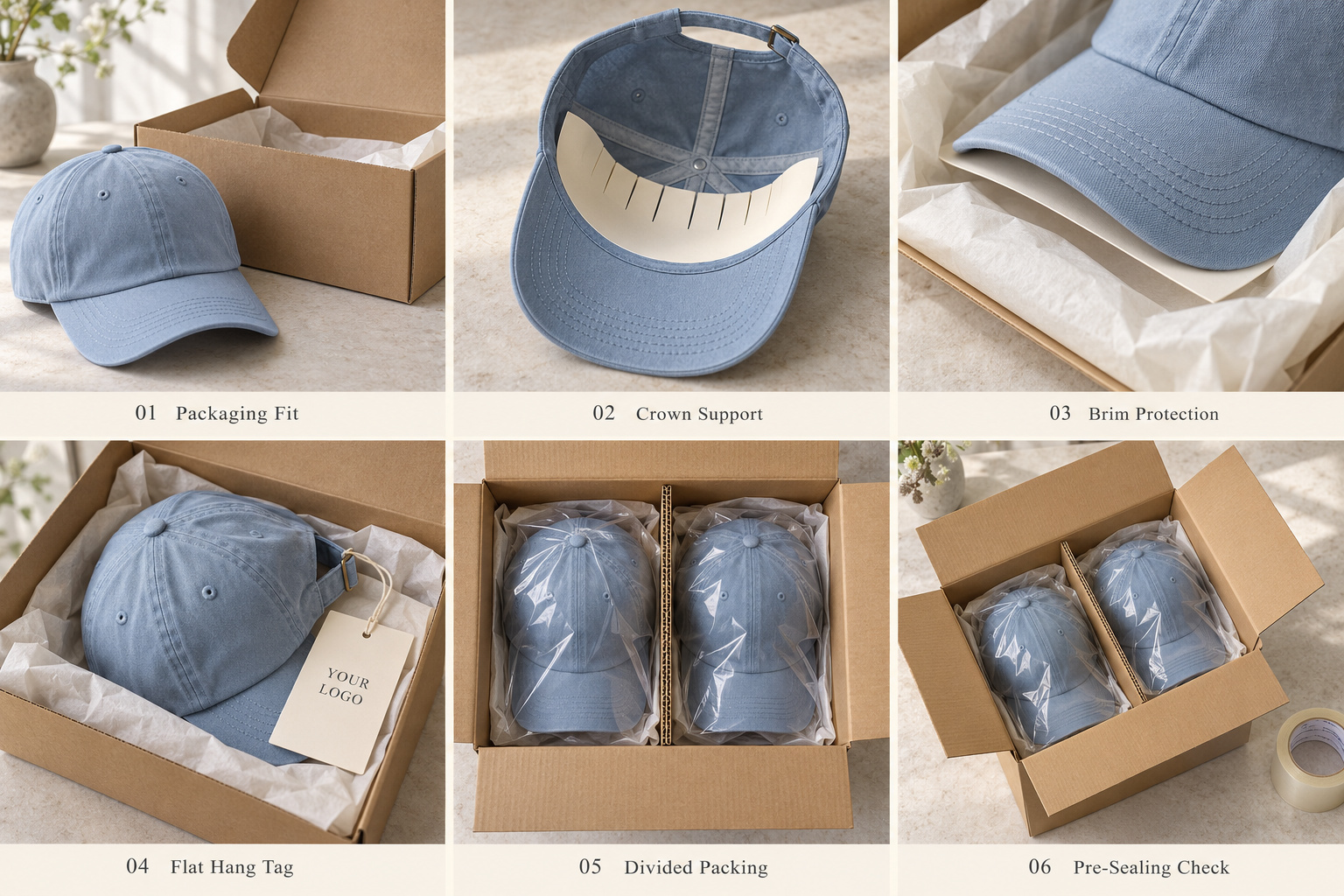 Mist blue cap protection and carton packing steps.
