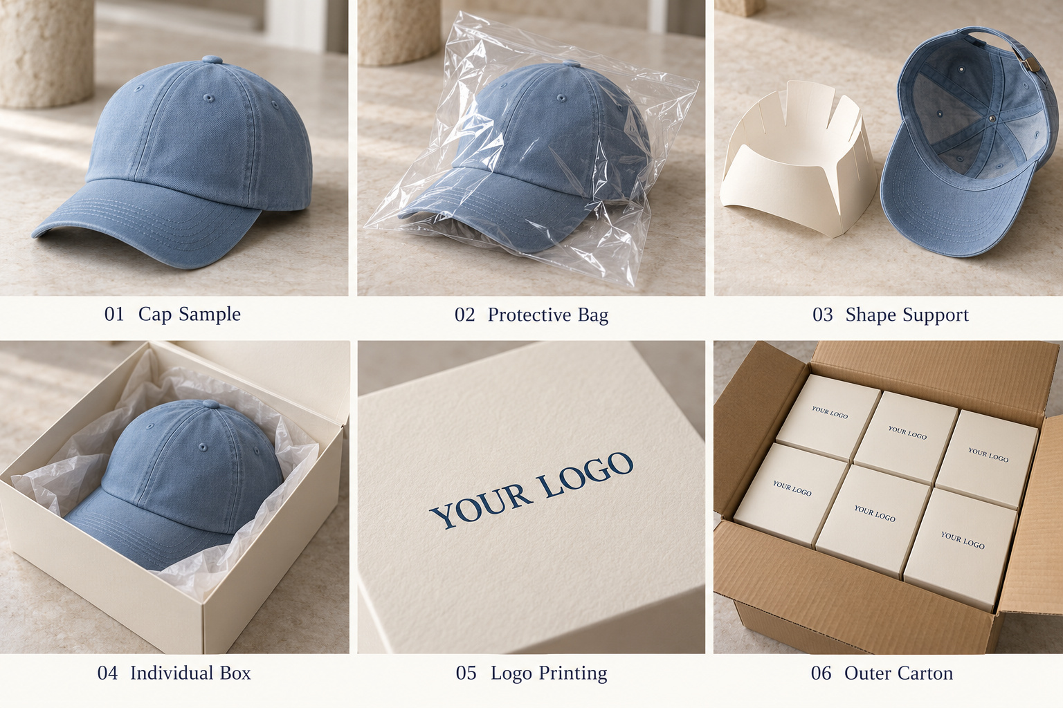 Mist blue cap with protective bags and packaging boxes.