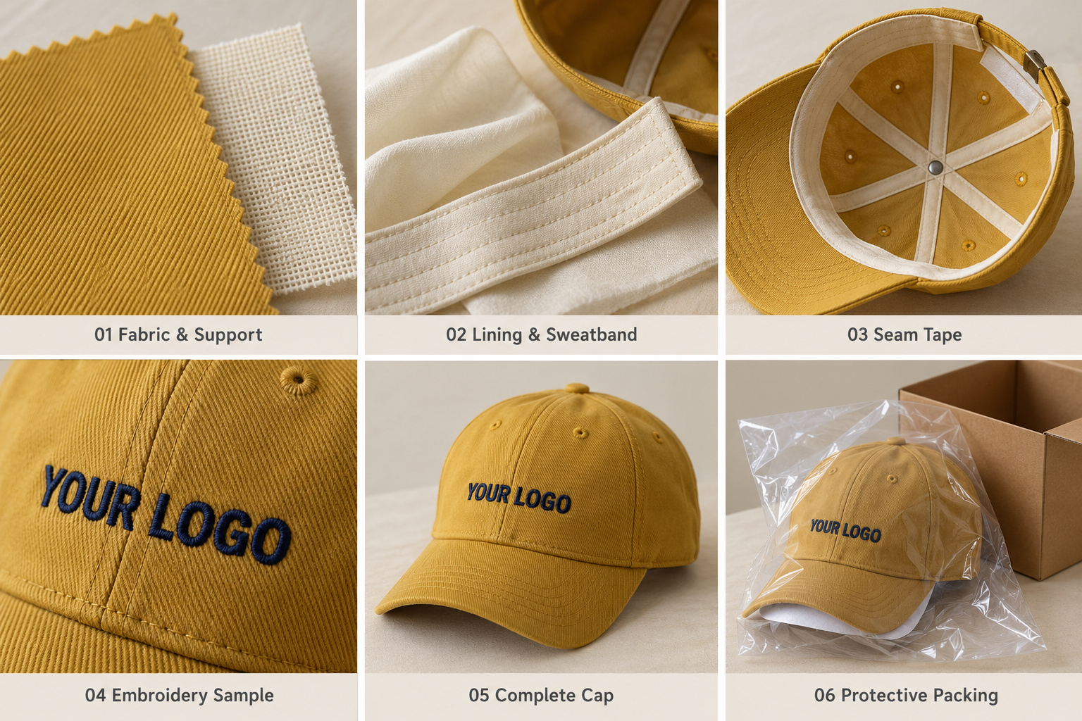 Mustard cap materials, embroidery and protective packing