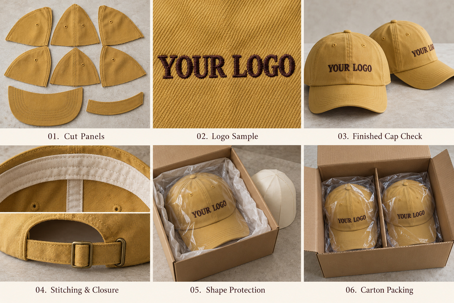 Mustard cap production checks and protective packing.