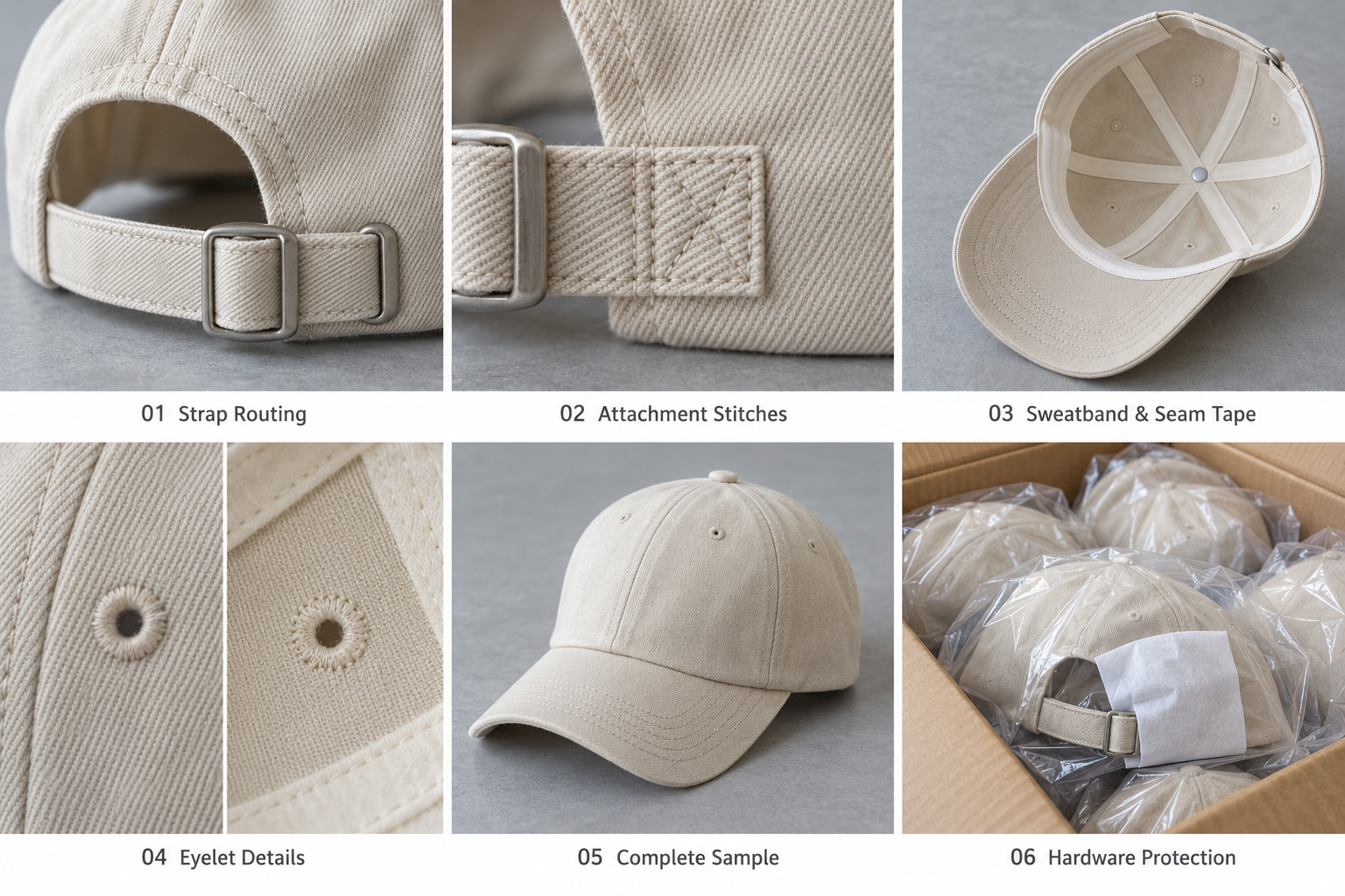 Oatmeal cap attachment details and protective packing