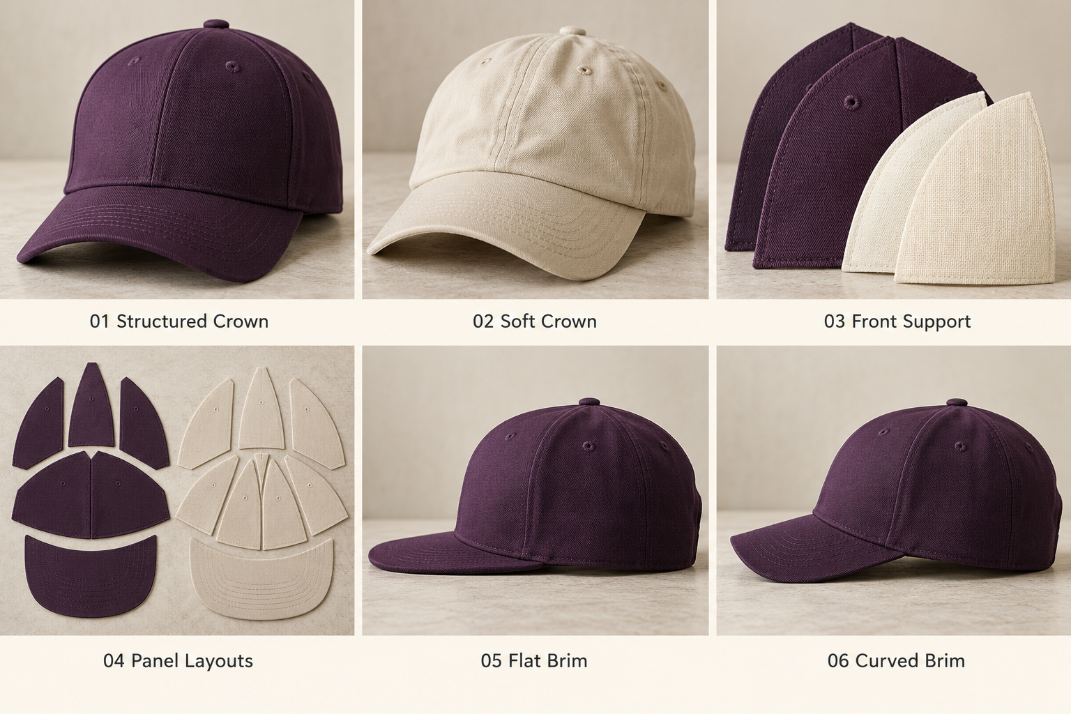 Plum and sand cap structures with brim comparisons