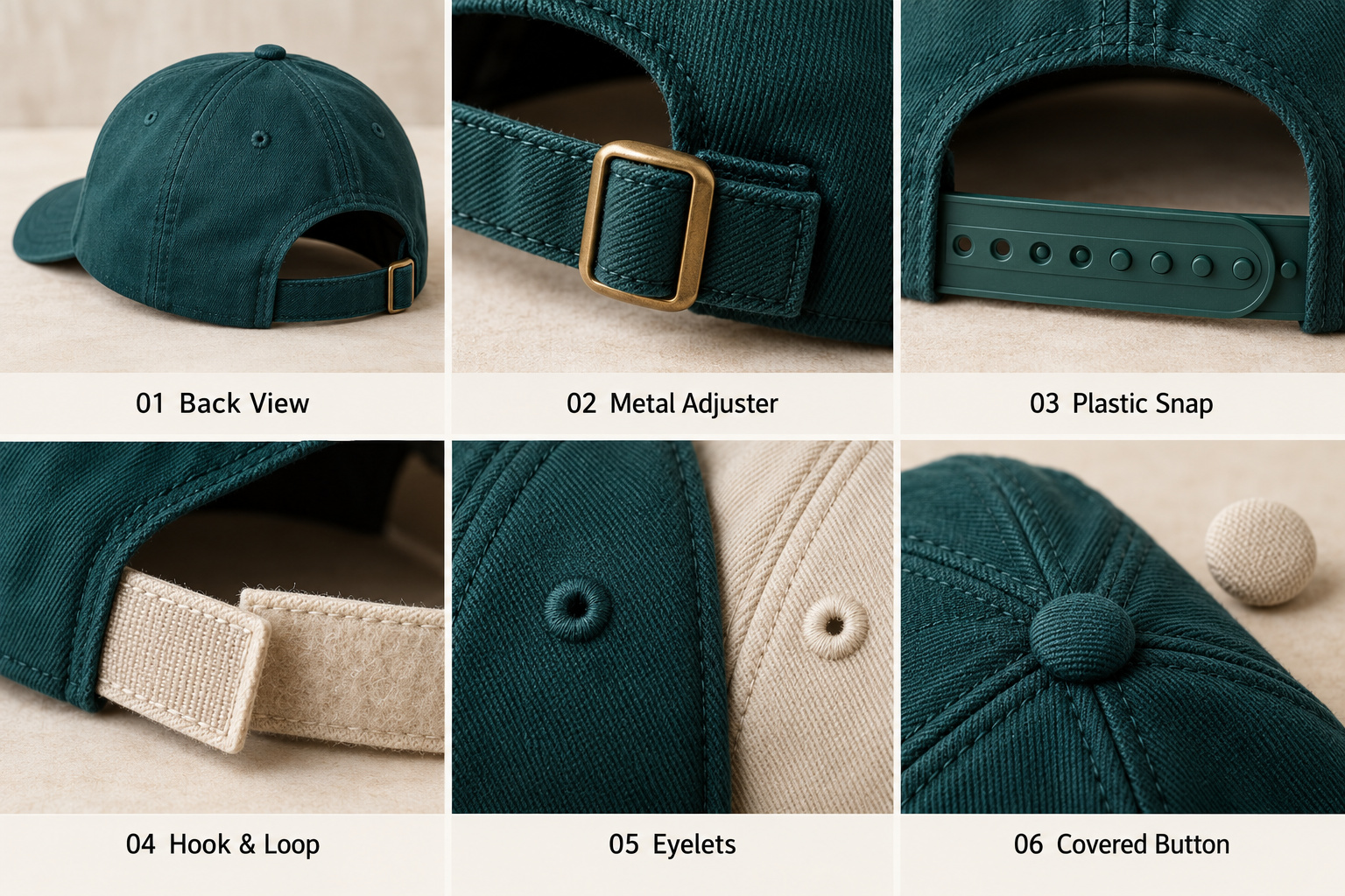 Teal cap closures, eyelets and covered buttons