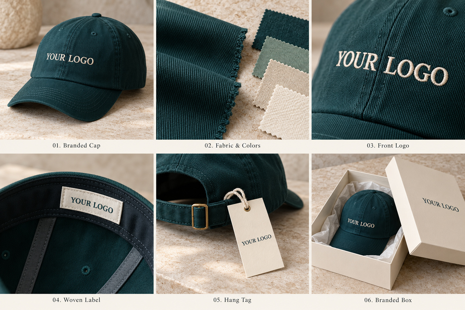 Teal private label cap with labels and branded packaging.