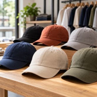 Wholesale cotton baseball caps in assorted colors displayed for B2B sourcing and OEM orders.