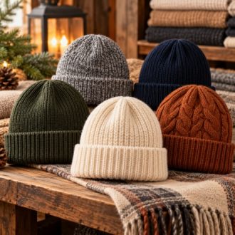 Knitted beanie hats in cream, green, gray, navy and brown displayed in a winterwear setting.