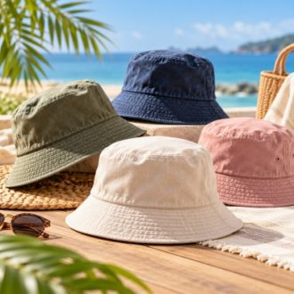 Cotton bucket hats in beige, olive, navy and pink with stitched brims displayed outdoors.