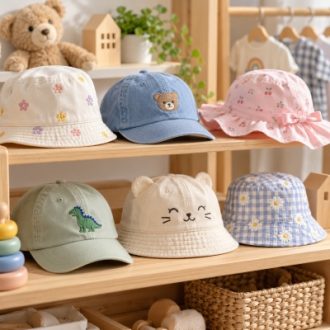 Children's baseball caps and bucket hats in pastel colors with embroidered animal and floral designs.