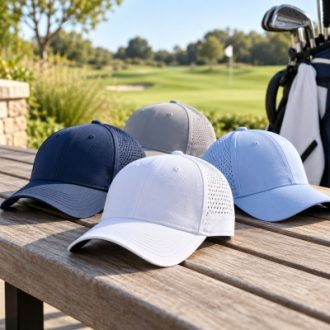 Breathable golf caps in white, navy, gray and light blue displayed at a golf course.