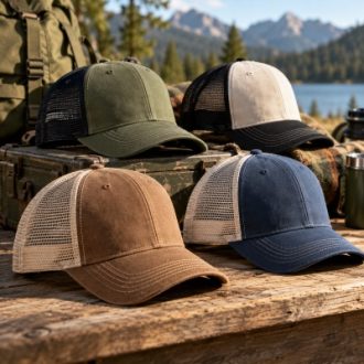 Mesh back trucker caps in assorted colors displayed in a natural outdoor setting.